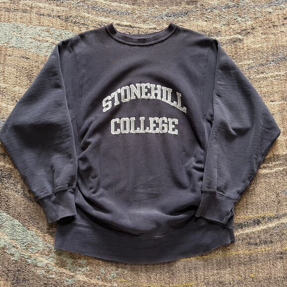 Vintage 80's Stonehill College Navy Blue Pro Weave Sweat Crewneck Sweatshirt XL - Picture 1 of 10